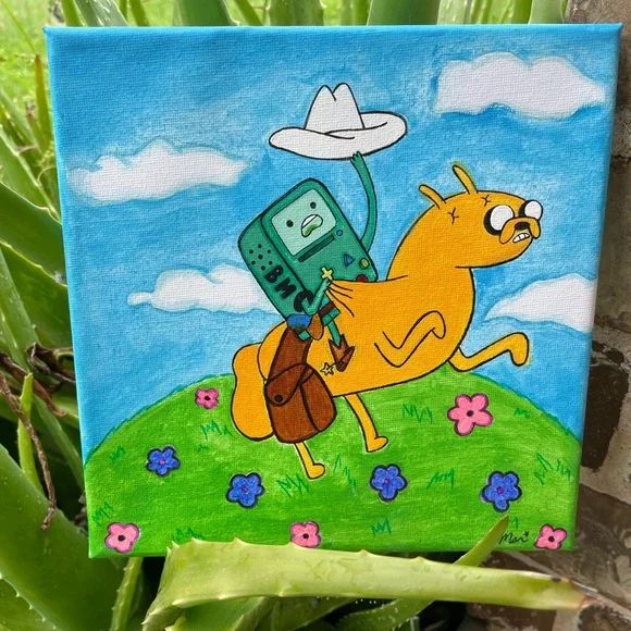 Adventure time cowboy beemo riding Jake the dog hand painted canvas art - Picture 13 of 16